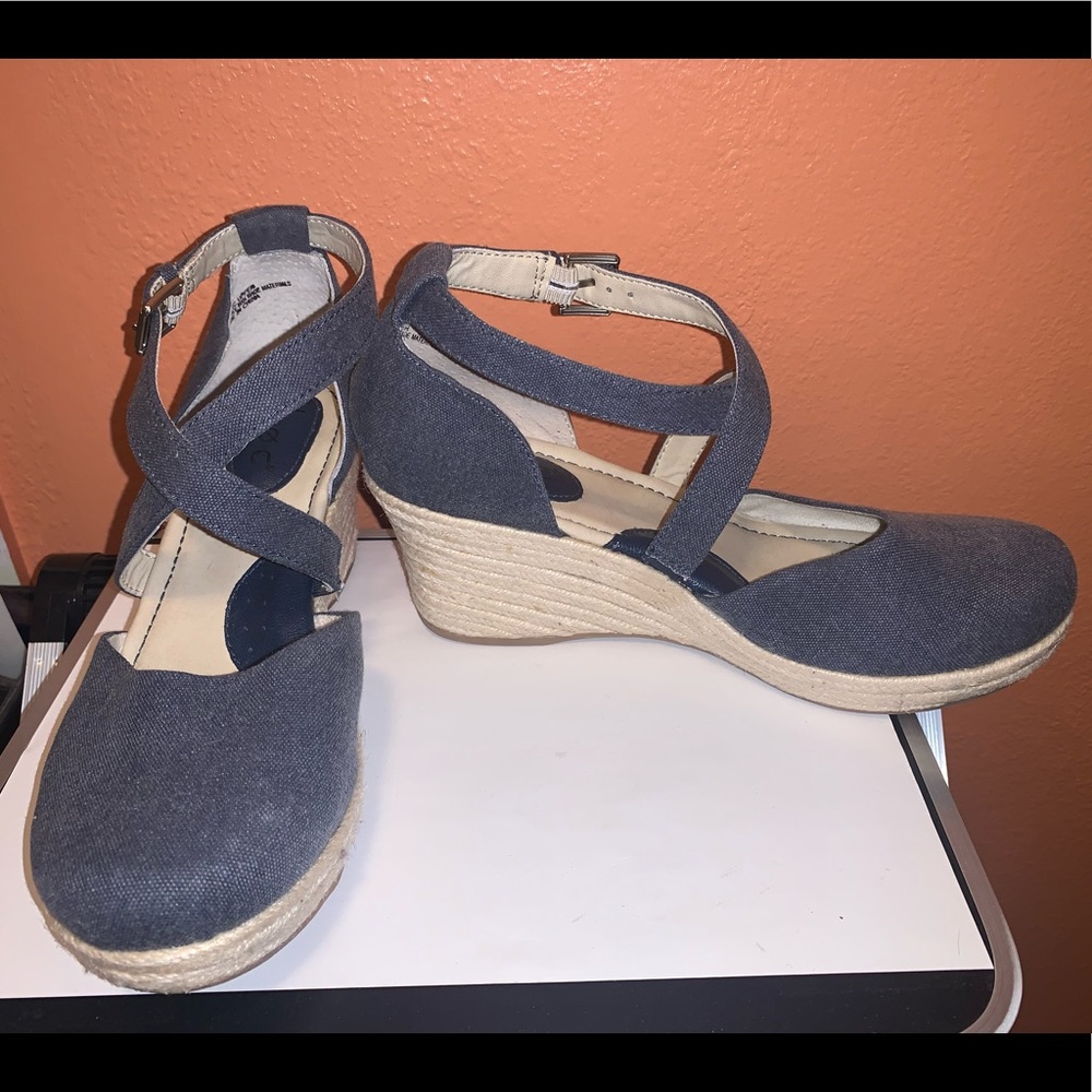 BOC Denim Canvas Wedge Ankle Strap Platforms